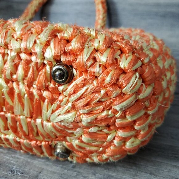 Vintage 1950s 1960s Orange And Yellow Crochet Raffia Handbag Purse - Picture 9 of 13